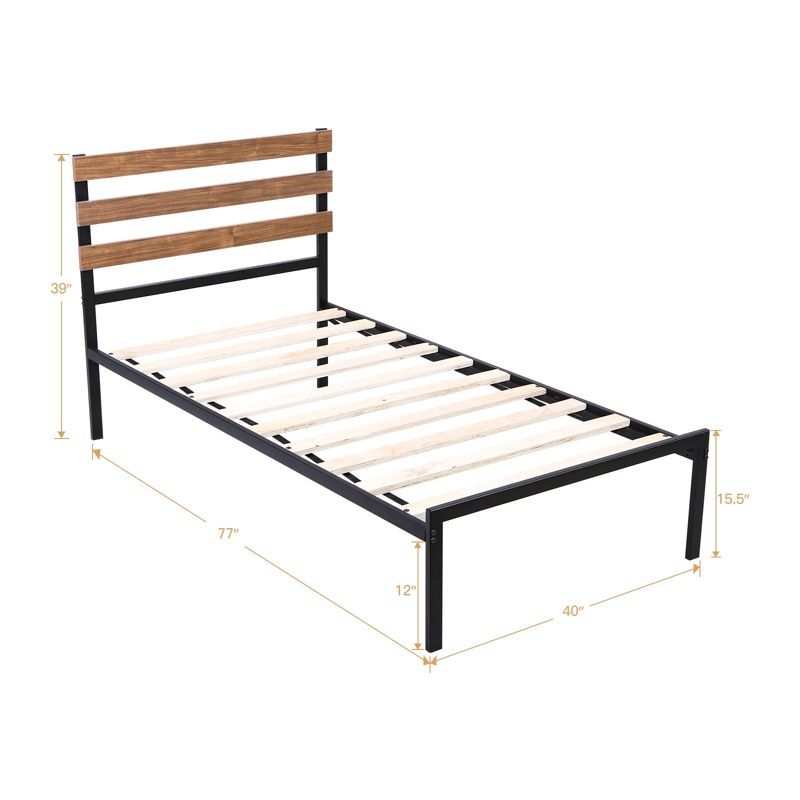 Tangkula Twin Size Upholstered Platform Bed Metal Bed Frame with Wooden Slat & Headboard, 5 of 6