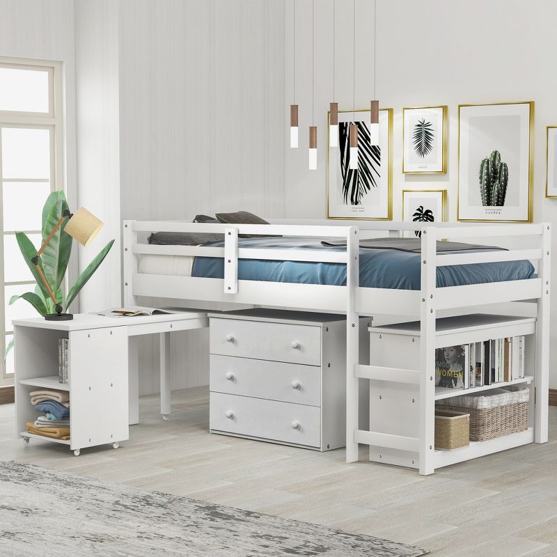 Low Twin Loft Bed with Cabinet and Rolling Portable Desk - ModernLuxe, 1 of 11