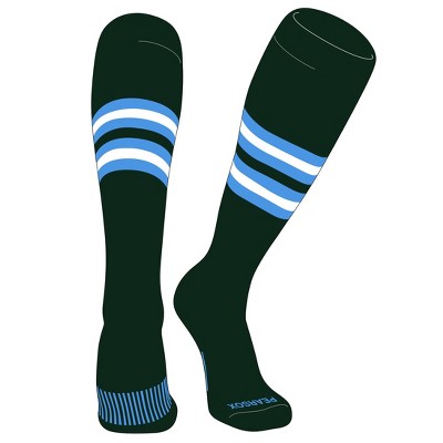 PEAR SOX Striped OTC Baseball, Softball, Football Socks (F) Forest Green, Sky Blue, White (L)