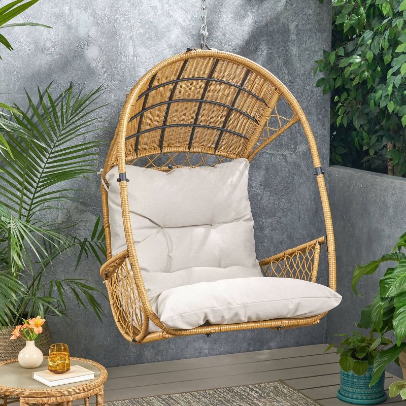 Malia Outdoor Wicker Hanging Chair (Stand Not Included)  Brown/Beige - Christopher Knight Home, 3 of 8