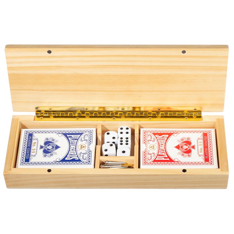 WE Games 3 Player Wooden Cribbage Set - Easy Grip Pegs and 2 Decks of Cards Inside of Board, 2 of 4