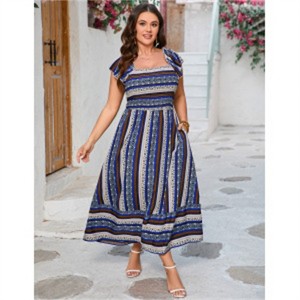Clearlove Plus Size Women's Square Neck Shirred Floral Print Pocket Maxi Dress Casual Elegant Long Gown - 1 of 4