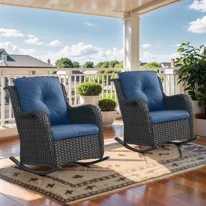 Outdoor Rocking Chairs Set of 2, All Weather Resin Wicker Patio Furniture Rocking Patio Chairs with Cushion and Metal Rocker Bars for Porch - 1 of 4