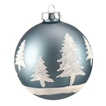 Northlight 4" Slate Blue with Glittered Trees Glass Ball Christmas Ornament
