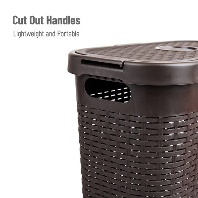 Brown Plastic Wicker Design Collapsible Laundry Basket with Lid