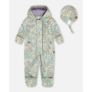 Deux par Deux Girl Baby Printed Mid-Season One-Piece Outerwear with Hat Small White Flowers on Turquoise and Lilac - 1 of 4