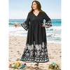 Women's Plus Size Boho Floral V Neck 3/4 Flare Sleeve Flowy Hem Babydolls Maxi Dress - Agnes Orinda - 3 of 4