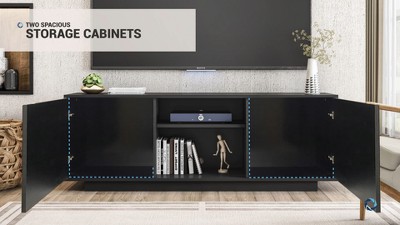 Black Particle Board TV Stand with Chevron Pattern Doors, 63"