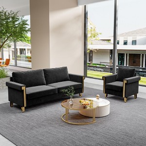 VASIP Velvet Sofa and Chair Combo, Plush Black Couch and Armchair with Gold Metal Accents, Deep Seats - 1 of 4