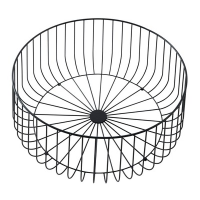 Natural Wood Round Coffee Table with Black Metal Wire Base