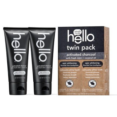 hello Activated Charcoal Epic Whitening Fluoride Free Toothpaste SLS Free + Vegan Twin Pack - 8oz/2pk