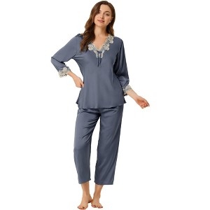 Allegra K Women’s Soft V Neck 3/4 Sleeves Lace Insert Two-Piece Pajama Sets - 1 of 4
