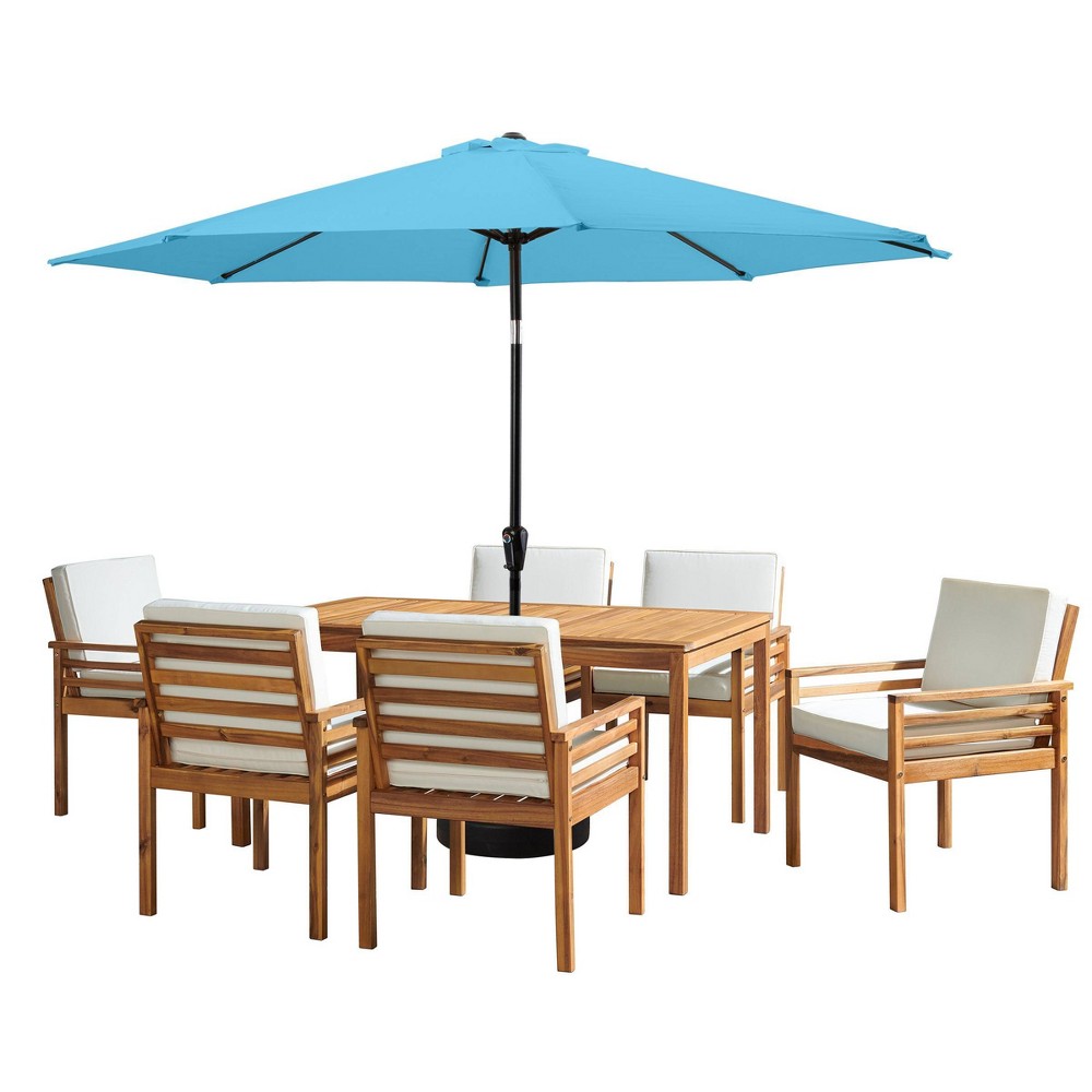 Photos - Dining Table Alaterre Furniture 8pc Outdoor Patio Dining Set, Okemo Table with 10' Auto Tilt Umbrella Blue