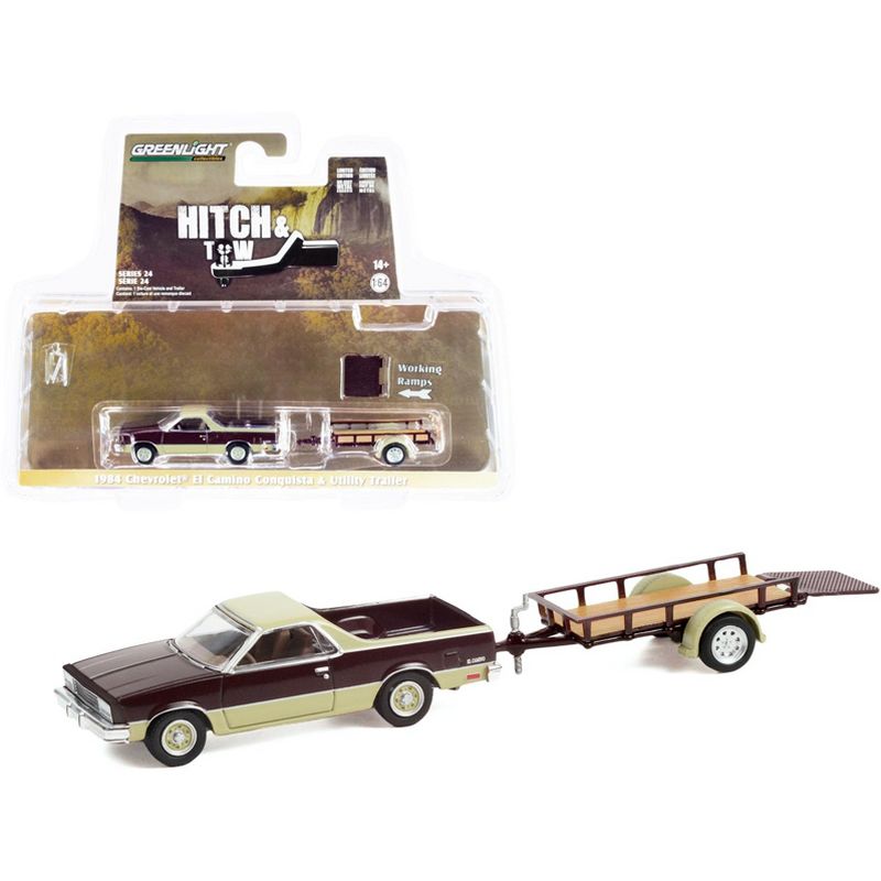 1984 Chevrolet El Camino Conquista Maroon Met. & Beige w/Utility Trailer "Hitch & Tow" 1/64 Diecast Model Car by Greenlight, 1 of 4