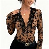 Women's Slim Long Sleeve Shirt Sheer Flora Elegant Blouse Deep V Lace Trim Casual Top - 2 of 4