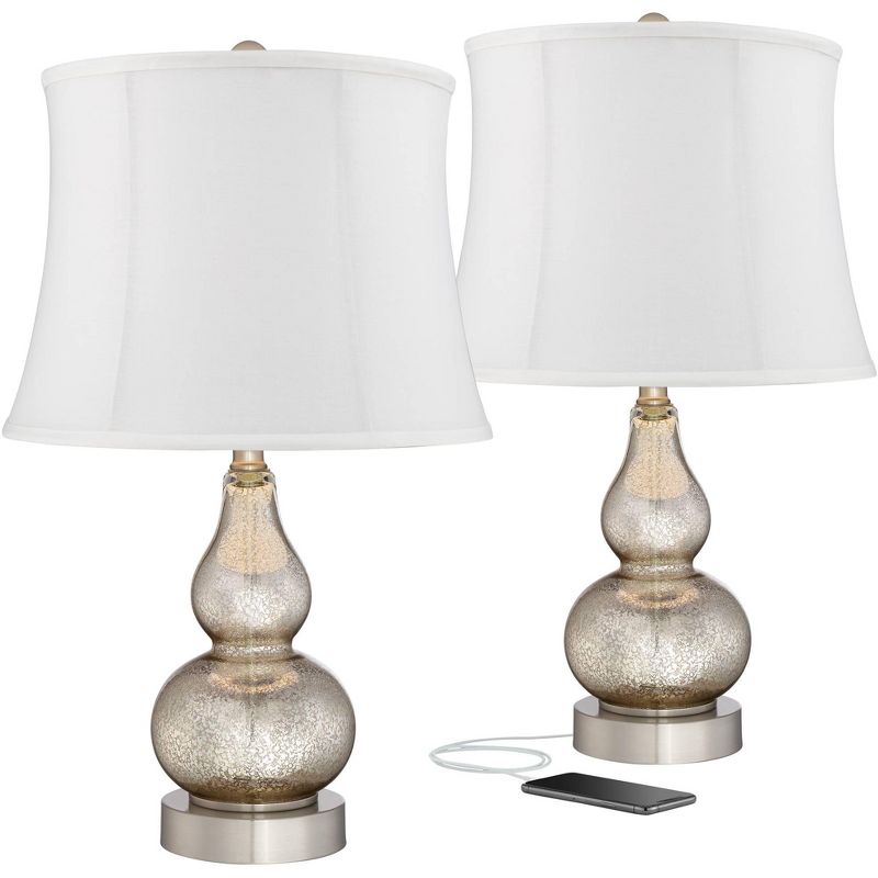 360 Lighting Castine Modern Accent Table Lamps 22" High Set of 2 Mercury Glass with USB Charging Port White Softback Shade for Living Room House Desk, 1 of 7