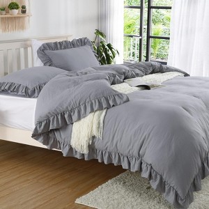 Sage Green Ruffled Duvet Cover Twin, Soft Washed Microfiber Vintage French Country Duvet Cover Set for Kids Girls - 1 of 4