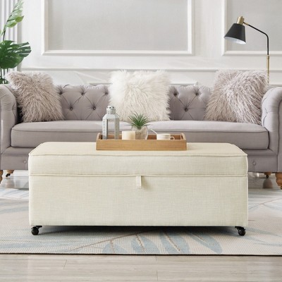 CAVINAS Linen Fabric Storage Ottoman Bench with Wheels,Upholstered Storage Ottoman,Storage Bench for Living Room,Bedroom