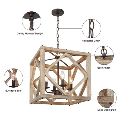 LNC Quaint 4-Lights 14" Farmhouse Square Pendant Lightss, Grayish White Wood and Rustic Bronze