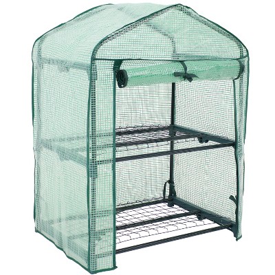 Sunnydaze Outdoor Portable Plant Shelter 2-Tier Greenhouse with Roll-Up Door - 2 Shelves - Green - Size