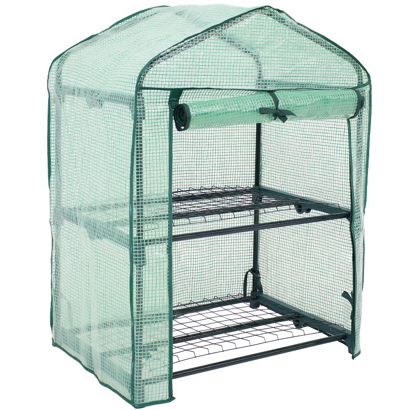Sunnydaze Outdoor Portable Growing Rack 2-Tier Greenhouse with Roll-Up Door - 2 Shelves - Green, 1 of 14