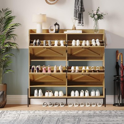 Shoe Storage Cabinet with 4 Flip Drawers, Hidden Wood Shoe Rack Storage