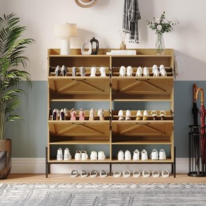 Shoe Storage Cabinet with 4 Flip Drawers, Hidden Wood Shoe Rack Storage - 1 of 4