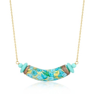 Ross-Simons Italian Aqua Murano Glass Floral Bead Necklace in 18kt Gold Over Sterling Size 18