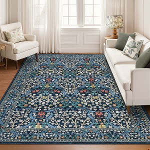 2x6 FT Modern Washable Area Rug, Floral Throw Carpet with Non Slip Backing, Low Pile Stain Resistant Floor Cover for Living Room, Beige - 1 of 4
