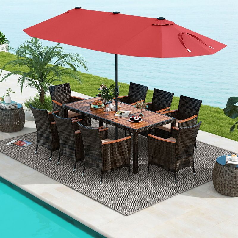 Tangkula 9 Piece Patio Wicker Dining Set w/ Double-Sided Patio Wine Umbrella Stackable Chairs, 3 of 11