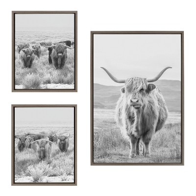 Kate & Laurel All Things Decor (set Of 3) Sylvie Herd Of Highland Cows And  Mountain Landscape Bw Framed Canvases By The Creative Bunch Studio Gray :  Target