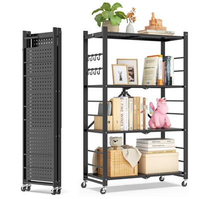 SKONYON 4-Tier Storage Shelves, Foldable Metal Shelving Units for Garage Kitchen Bakers, Collapsible Organizer Rack, Heavy Duty on Wheels