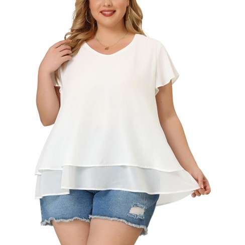 Unique Bargains Women's Plus Size Blouse Round Neck Work Ruffle Chiffon Tops  