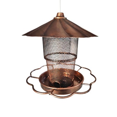phiestina Bird Feeder with Lid, Heavy-Duty Metal, Petals-Shaped Roof, 360° Feeding Ports, Bronze