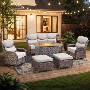 Outdoor Patio Furniture Set with Propane  Fire Pit Table - PE Wicker Patio Conversation Sets - 7 Seats Outdoor Sectional Chair Sofa Set - 1 of 4