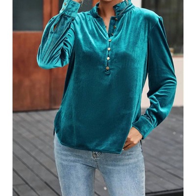 Women's Frilled Neck Buttoned Front Velvet Top - dear lover