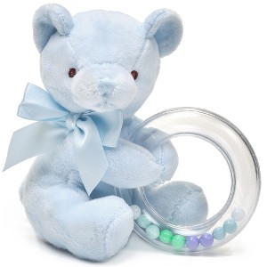 Bearington Baby Polky Blue Plush Stuffed Animal Teddy Bear Shaker Toy Ring Rattle, 5" - 1 of 4