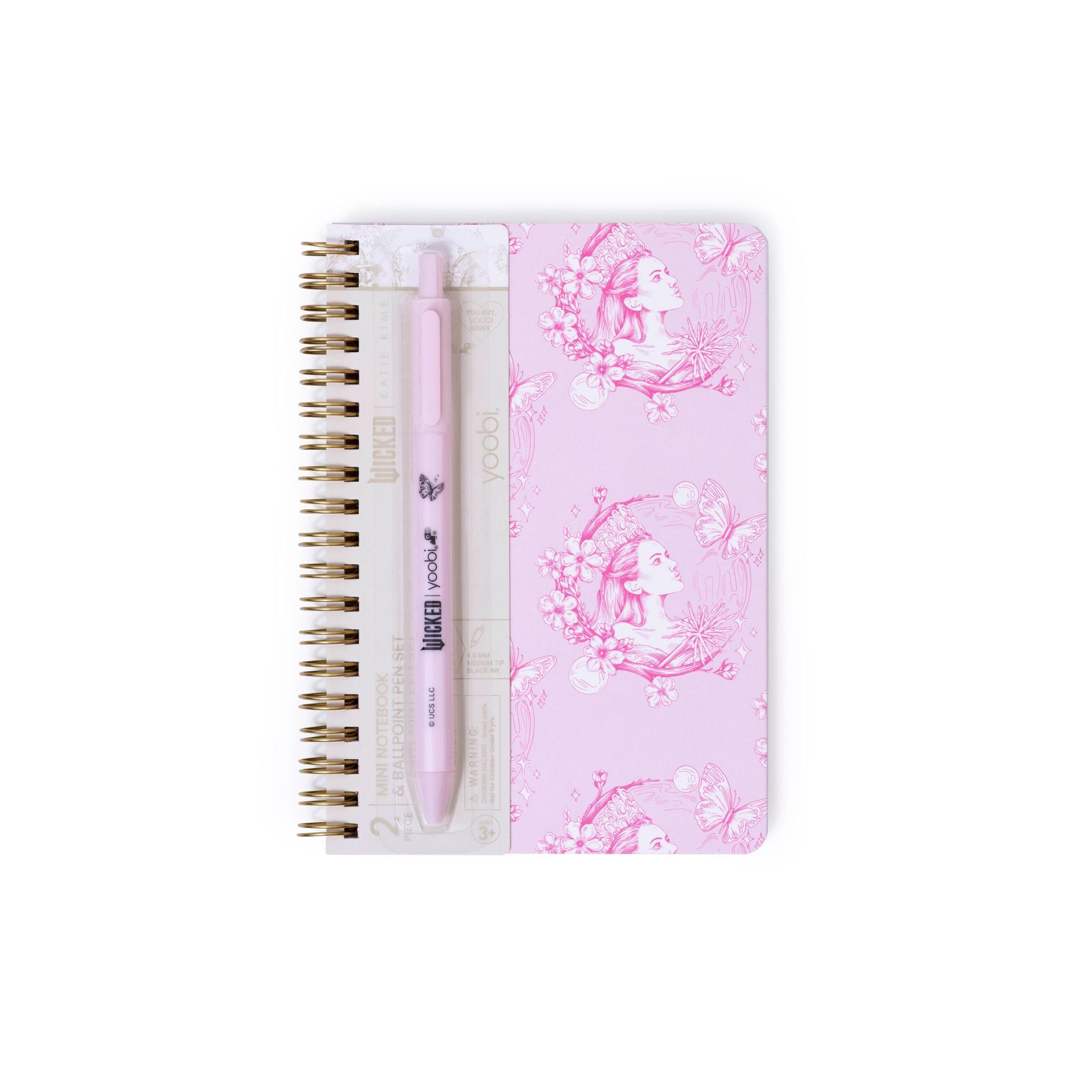 Wicked x Yoobi Mini Notebook Glinda 4.5"x6.5" Spiral Lined Notebook with Retractable Ballpoint Pen 160 Lined Pages
