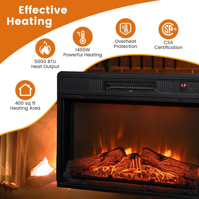 Costway 23" Electric Fireplace Insert Heater w/ Log Flame Effects Remote Control 1400W, 5 of 11