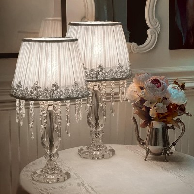 Ludomide Modern Bedside Crystal Table Lamp with Ruched Fabric Lampshade Elegant Plug-in Crystal Chandelier Nightstand Lamp for Living Room Girls Room
