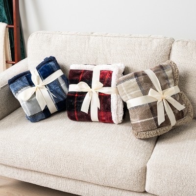 Navy Plaid Twin Reversible Sherpa Fleece Blanket