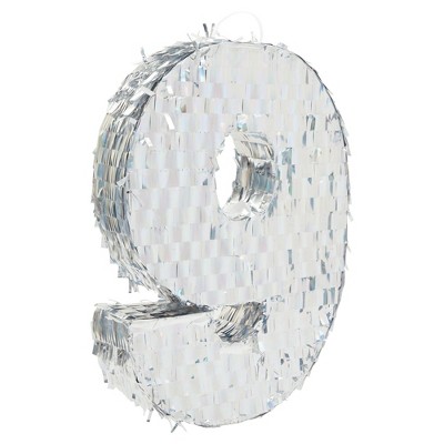 Blue Panda Small Silver Holographic Foil Number 9 Pinata for Kids 9th Birthday Party Decorations, 15.7 x 9 in
