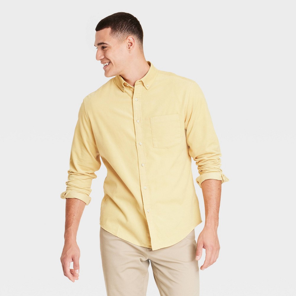 men's long sleeve mid-weight corduroy button-down shirt - goodfellow & co™ gold xxl: standard fit, collared, front pocket