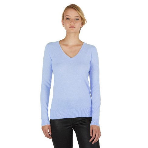 Jennie Liu Women's 100% Pure Cashmere Long Sleeve Pullover V Neck Sweater  (8160, Crystal Blue, Large ) : Target