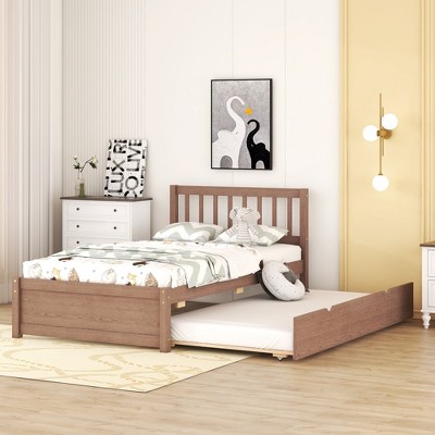 Twin Size Wooden Platform Bed With 2 Drawers/Trundle, White/Gray/Walnut, 4W -ModernLuxe