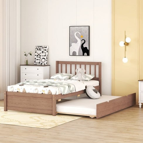 Twin Size Wooden Platform Bed With Trundle, Walnut, 4w -modernluxe : Target