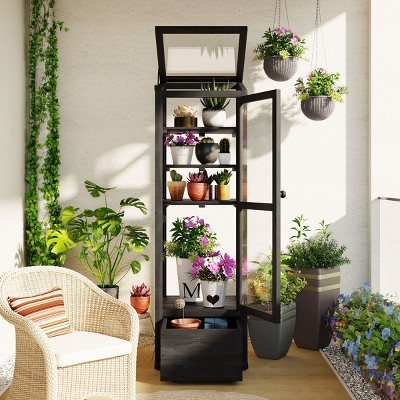 Coolbibila-62'' Height Wood Garden Greenhouse Balcony, Potting Benches With Movable Storage Box And Adjustable Shelves For Outdoor