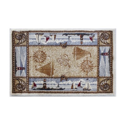 Emma and Oliver Nautical Theme Accent Rug with Coastal Scene Borders Featuring Sailboats, Lighthouses, Anchors, Compass Rose and Seashells