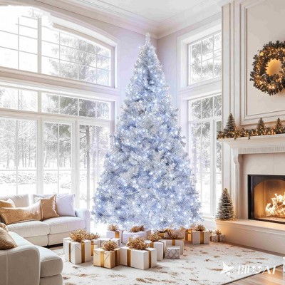 Angel Sar 7ft Pre-Lit Silver Christmas Tree with 450 LED Lights & Remote, Hinged Artificial Pine Tree with 1250 Branch Tips for Holiday Party, Silver