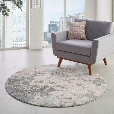 Elysian Blooms 63'' Grey and Pink Floral Round Area Rug